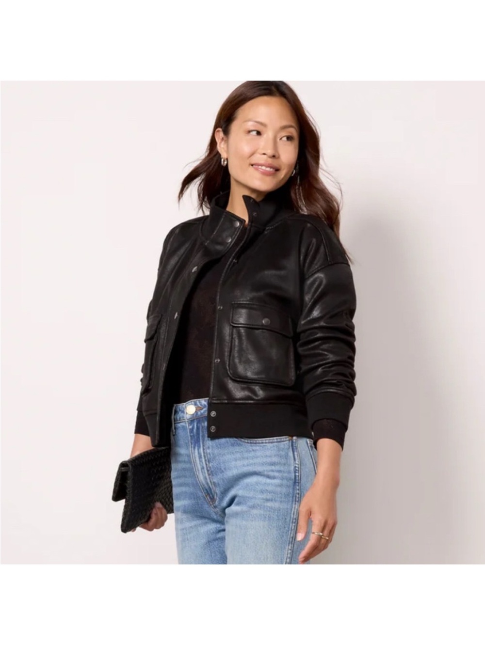 Evereve Aviator Black Faux Leather Bomber Jacket Large